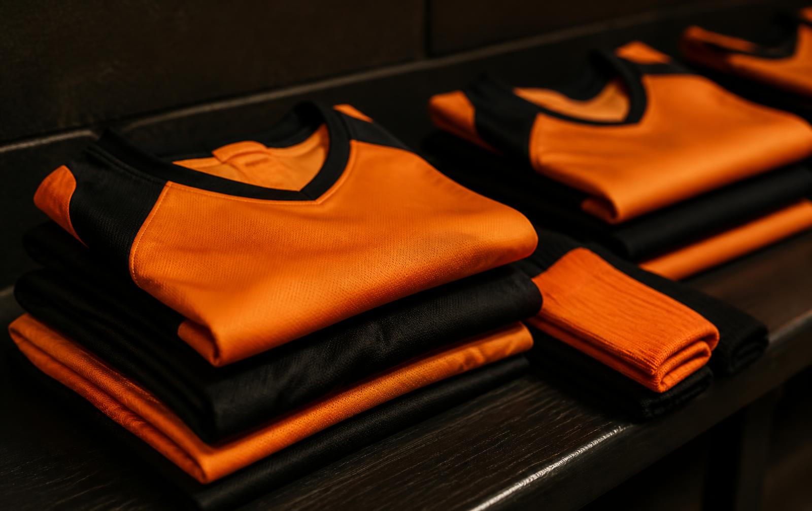 Folded junior football shirts and socks in club colours